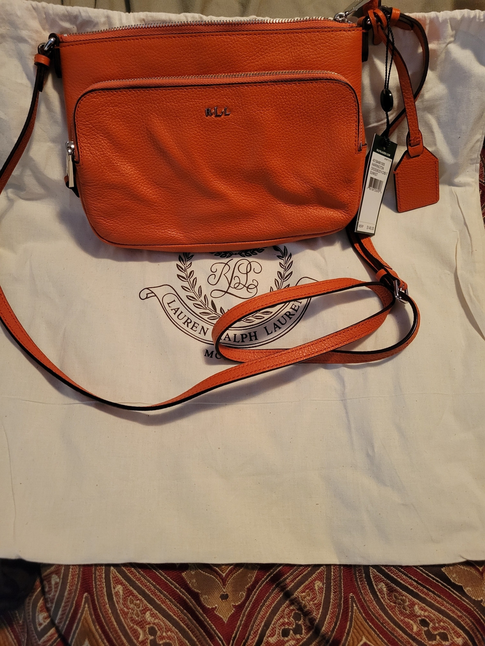 NWT Ralph Lauren Orange Pebbled Leather Crossbody With Dustbag